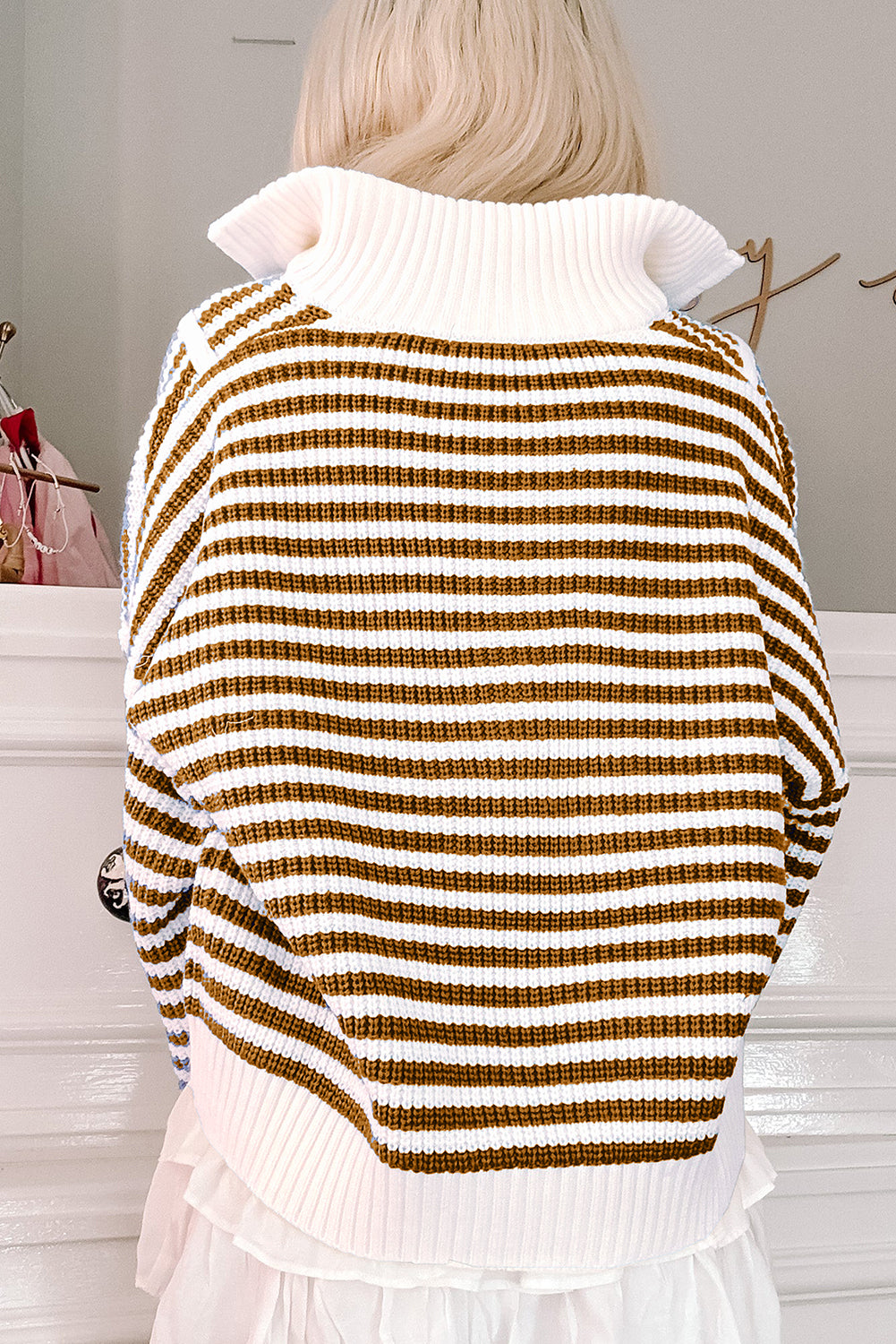 Black Stripe Zip Up Collar Drop Sleeve Sweater