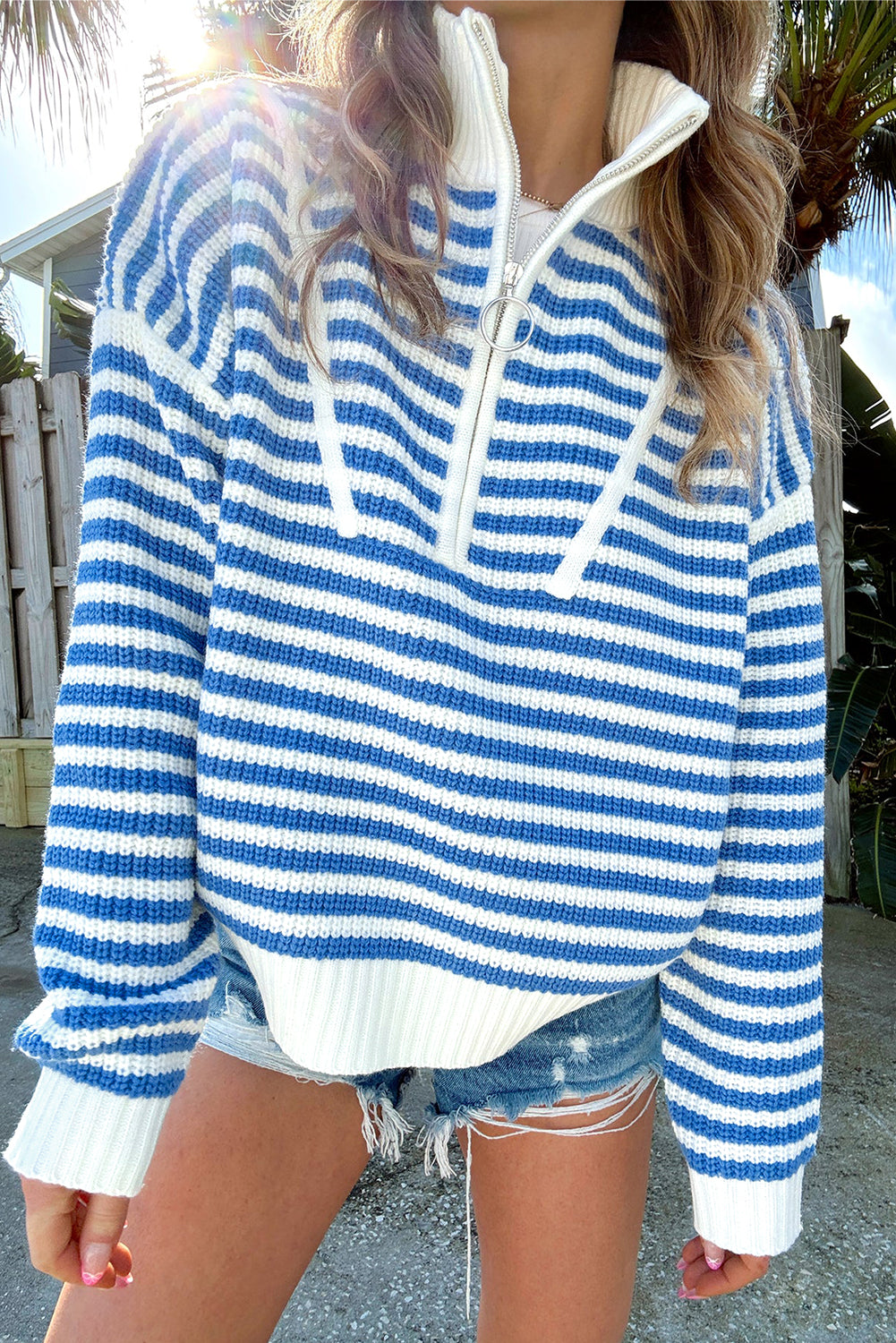 Black Stripe Zip Up Collar Drop Sleeve Sweater