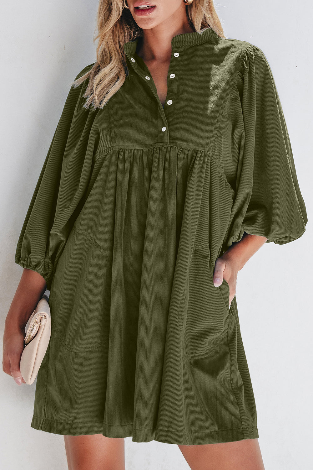 Gold Flame Corduroy Snap Buttons Empire Waist Bracelet Sleeve Dress
