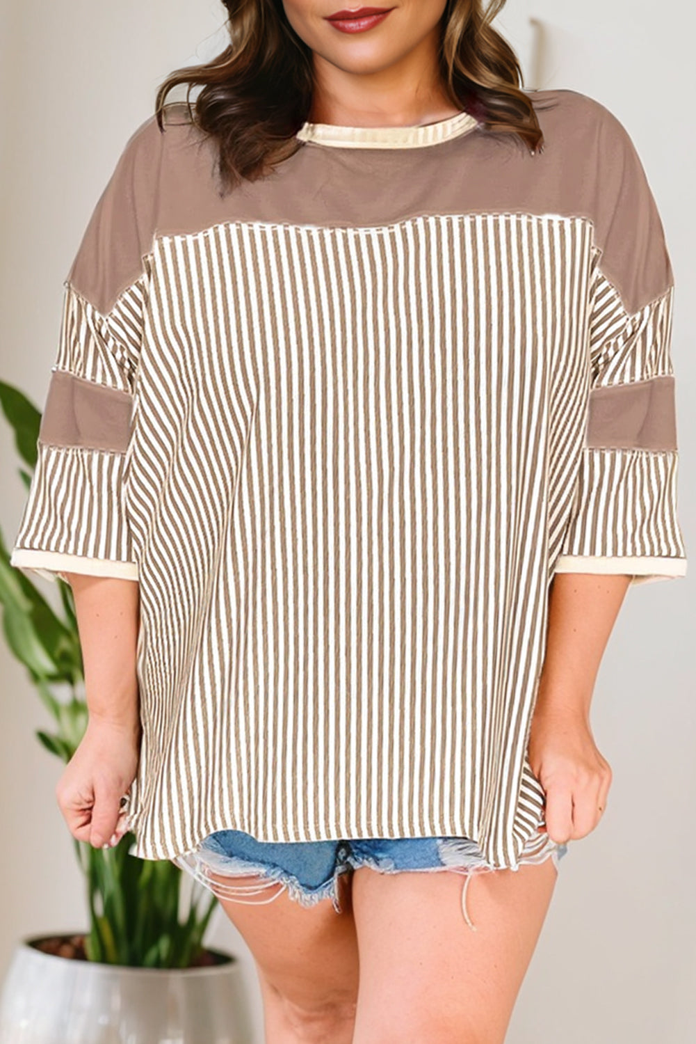 Pink Stripe Patchwork Bracelet Sleeve Plus Size T Shirt