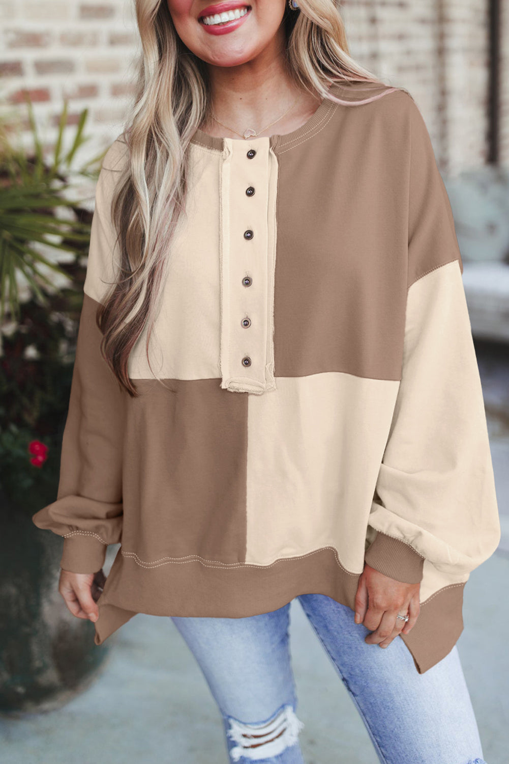 Pink Colorblock Henley High Low Oversize Sweatshirt