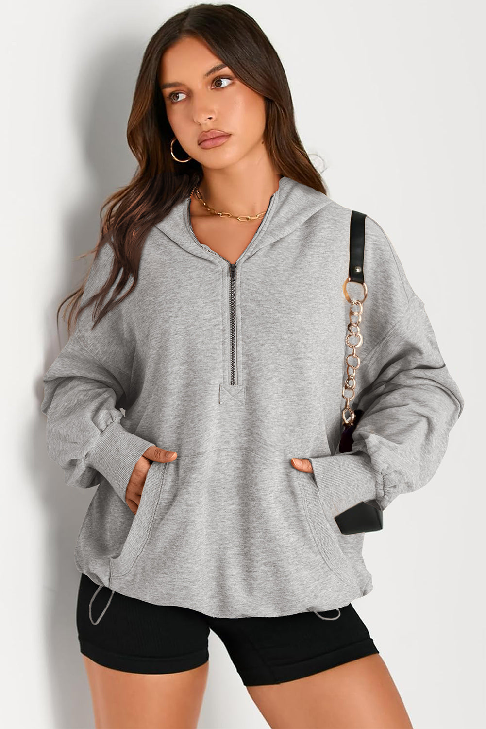 Bonbon Solid Kangaroo Pocket Half Zipper Oversized Hoodie