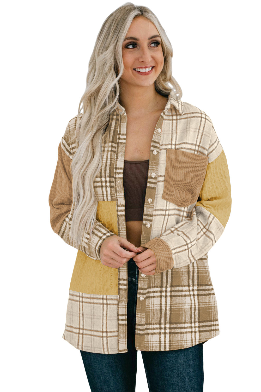 Plaid Color Block Patchwork Shirt Jacket with Pocket