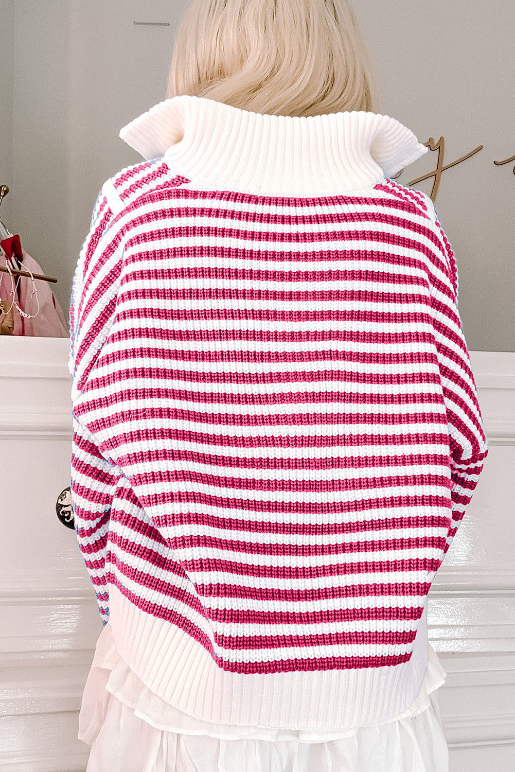 Black Stripe Zip Up Collar Drop Sleeve Sweater