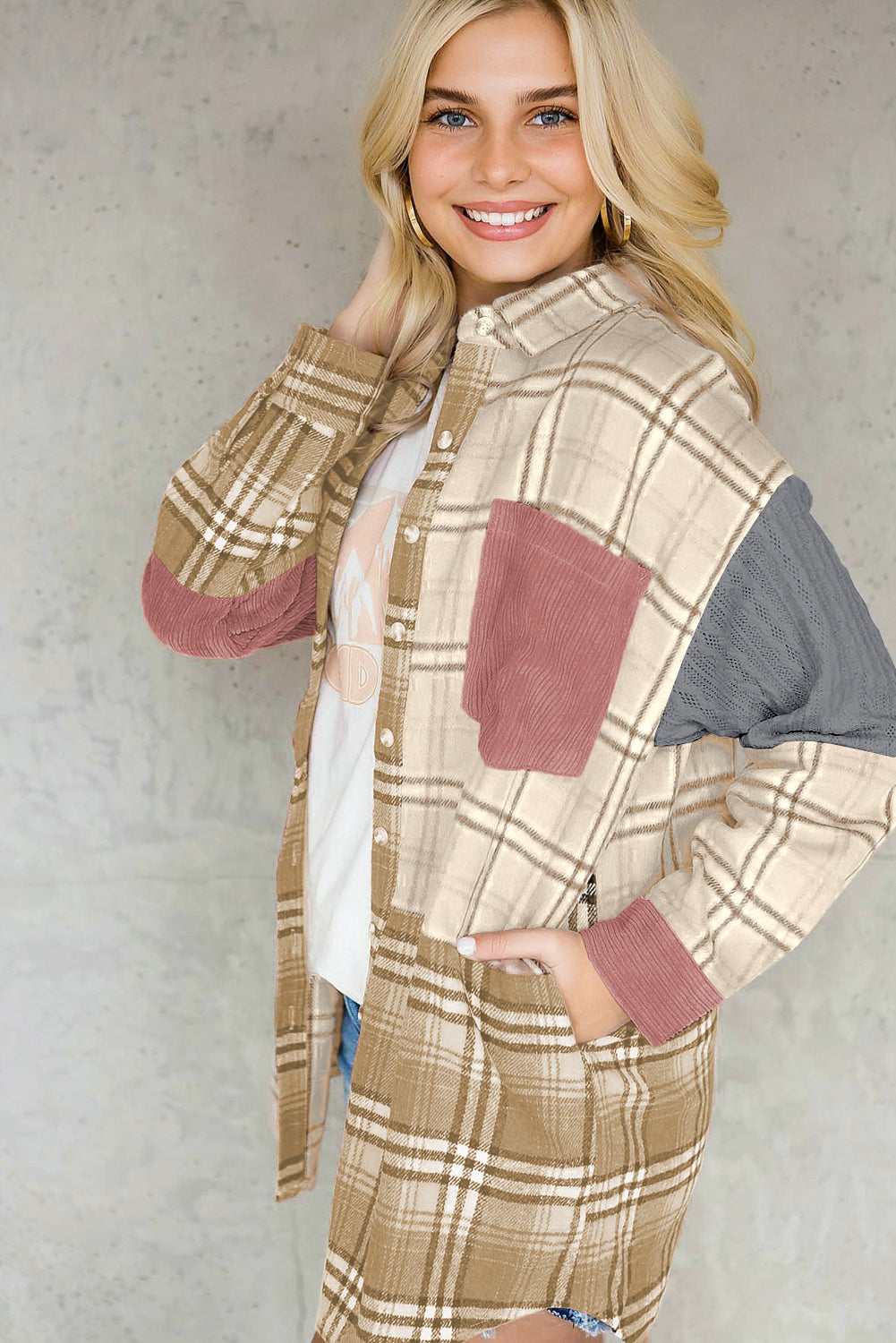 Plaid Color Block Patchwork Shirt Jacket with Pocket