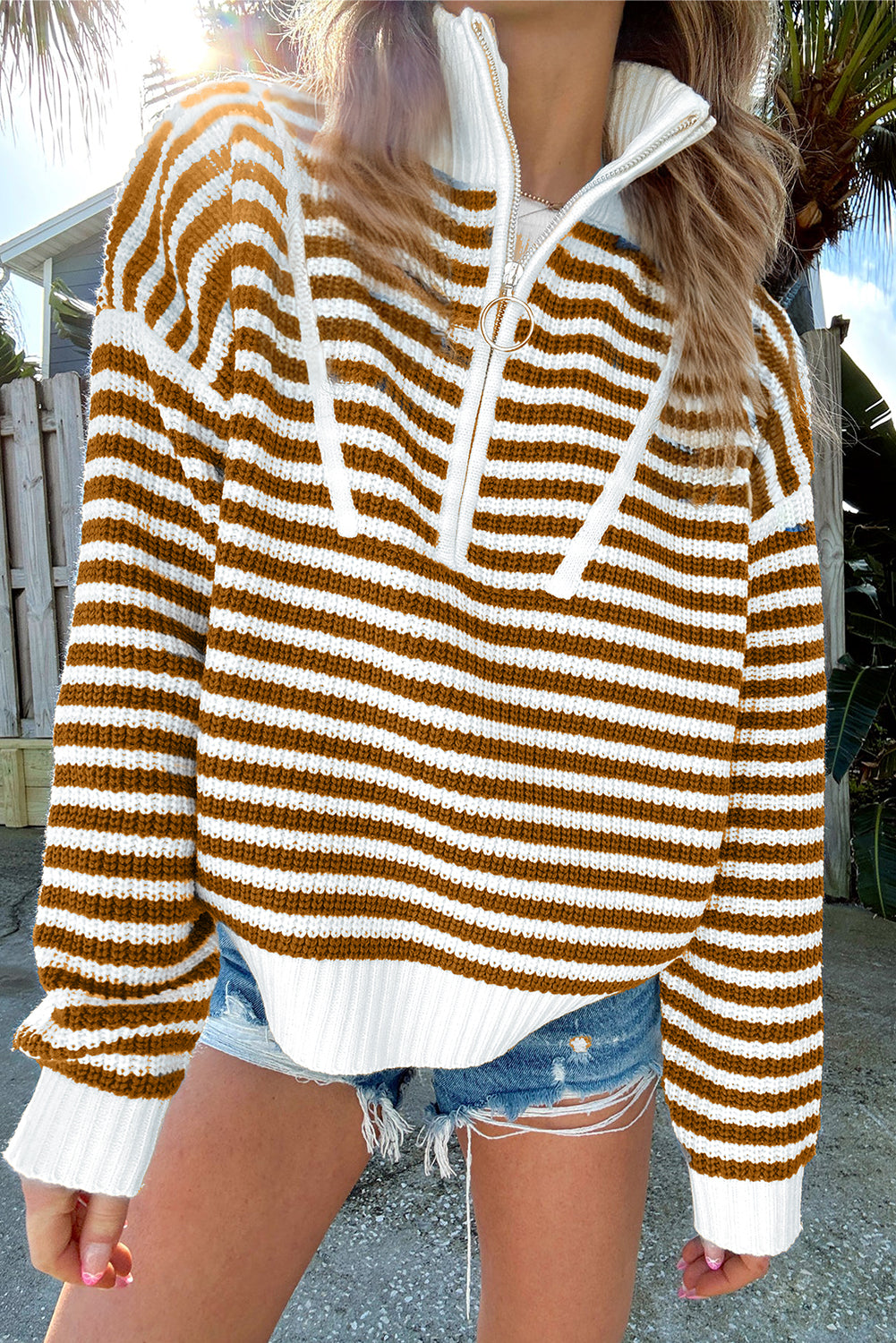 Black Stripe Zip Up Collar Drop Sleeve Sweater