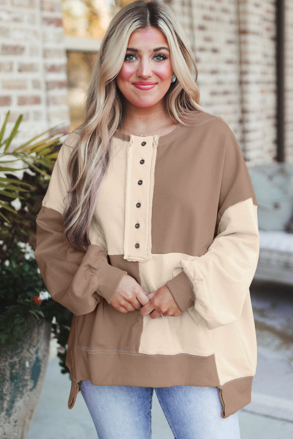 Pink Colorblock Henley High Low Oversize Sweatshirt