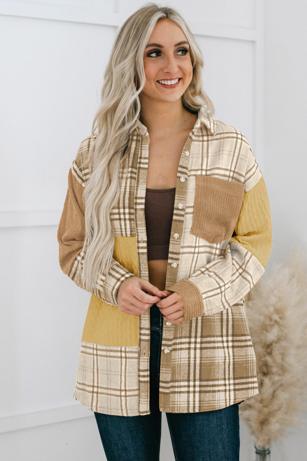 Plaid Color Block Patchwork Shirt Jacket with Pocket