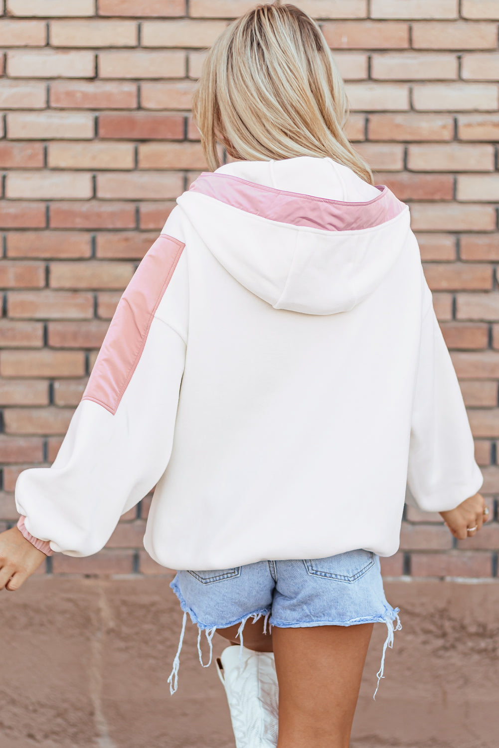 Light French Beige Colorblock Patchwork Half Zip Oversized Sherpa Hoodie