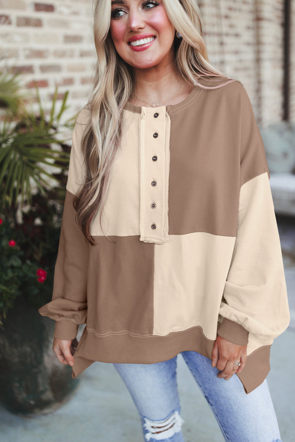 Pink Colorblock Henley High Low Oversize Sweatshirt