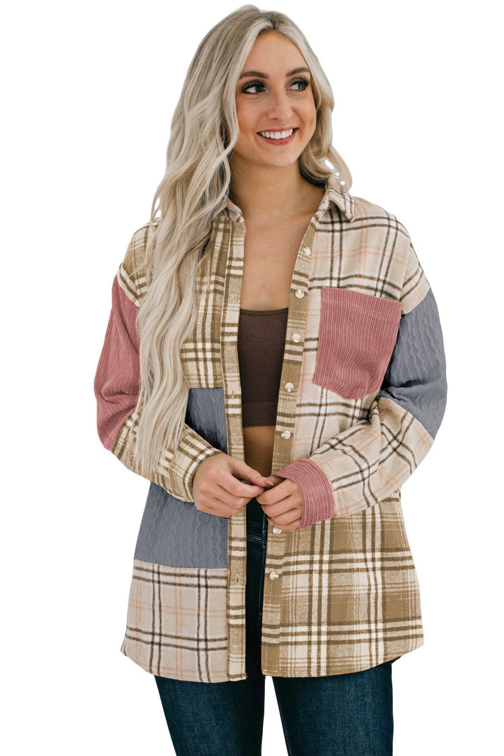 Plaid Color Block Patchwork Shirt Jacket with Pocket