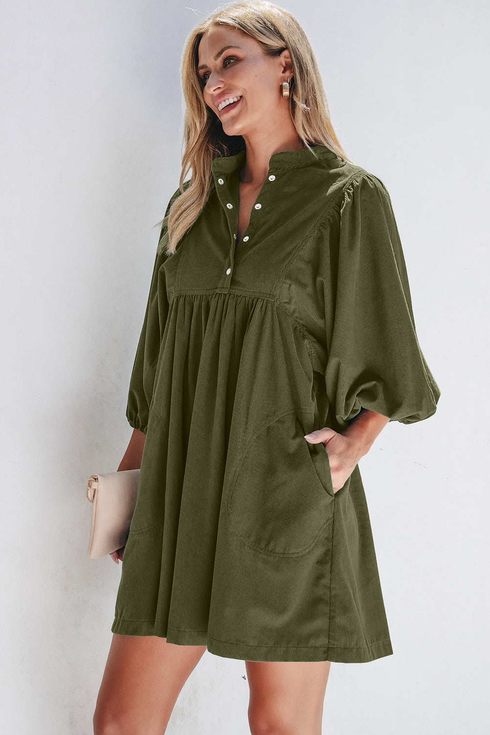 Gold Flame Corduroy Snap Buttons Empire Waist Bracelet Sleeve Dress