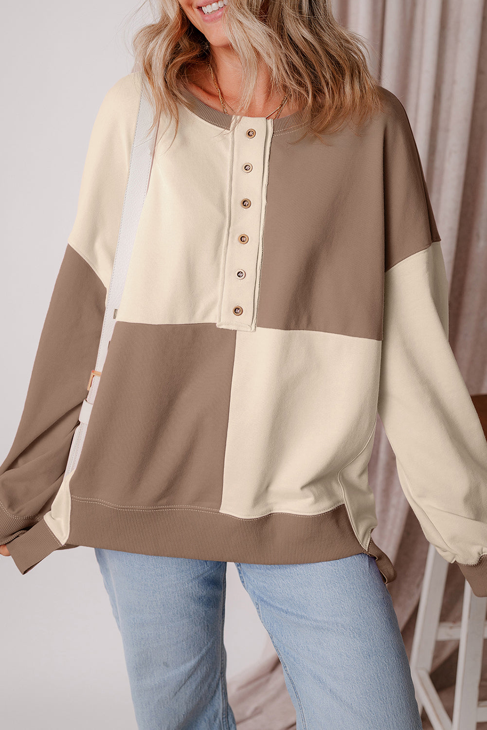 Pink Colorblock Henley High Low Oversize Sweatshirt