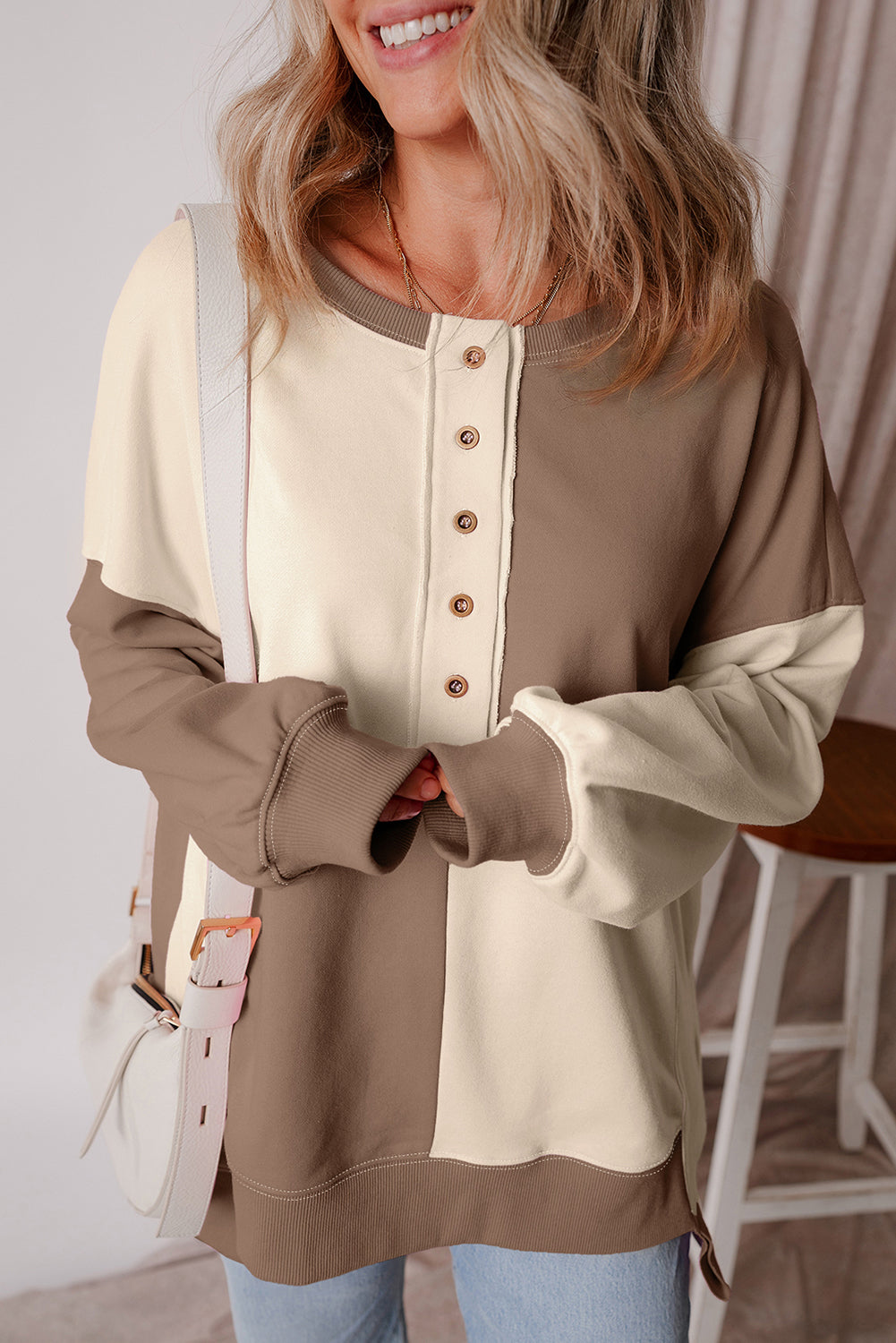 Pink Colorblock Henley High Low Oversize Sweatshirt