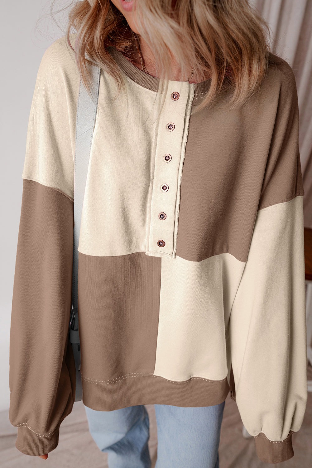 Pink Colorblock Henley High Low Oversize Sweatshirt