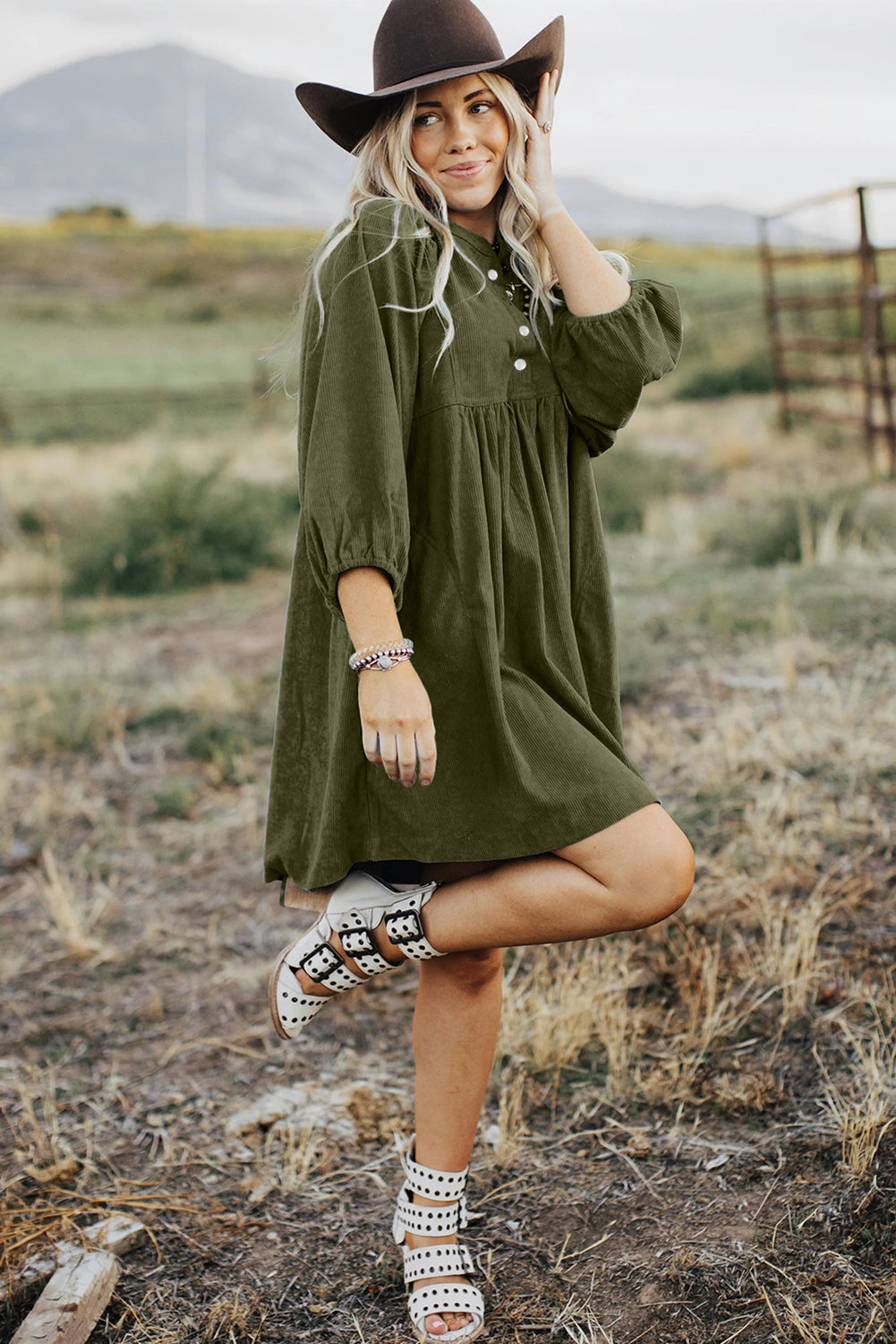 Gold Flame Corduroy Snap Buttons Empire Waist Bracelet Sleeve Dress
