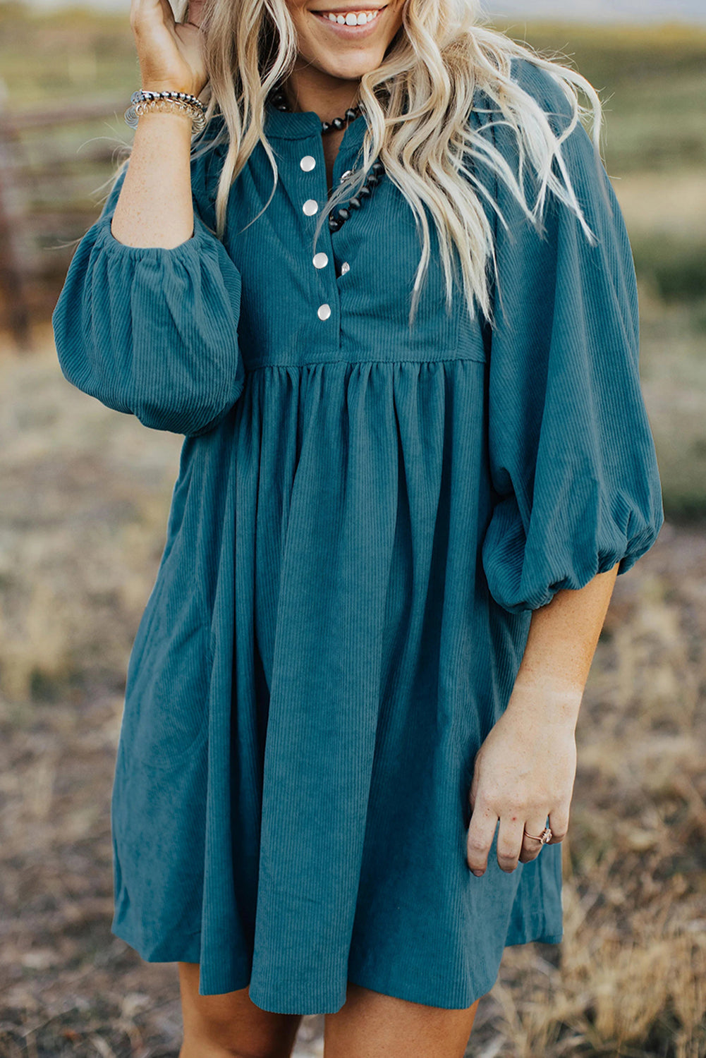 Gold Flame Corduroy Snap Buttons Empire Waist Bracelet Sleeve Dress
