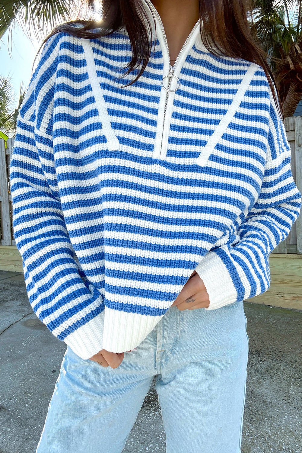 Black Stripe Zip Up Collar Drop Sleeve Sweater