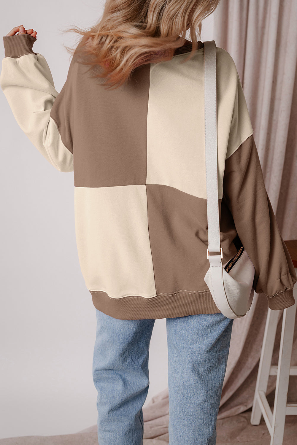 Pink Colorblock Henley High Low Oversize Sweatshirt