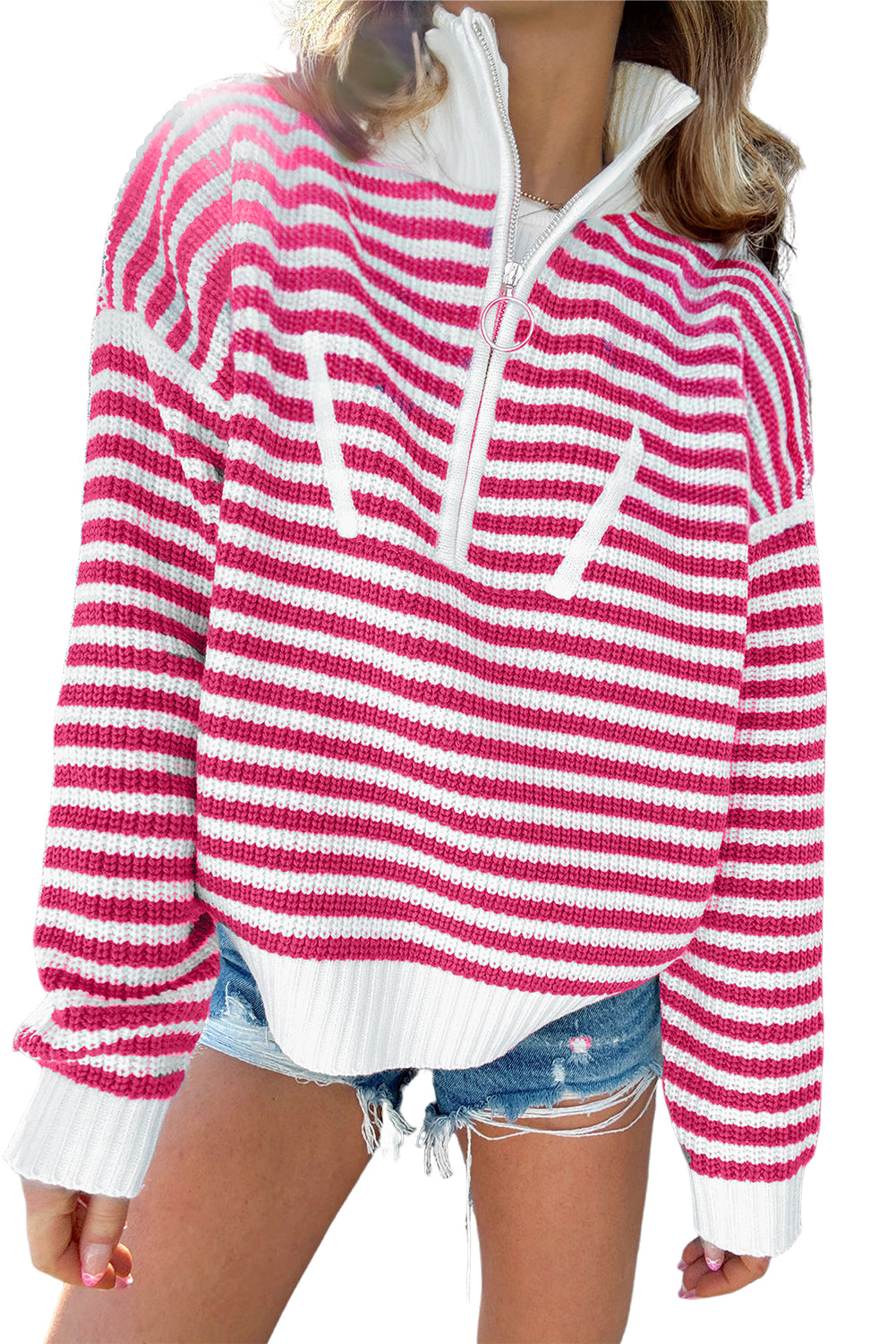 Black Stripe Zip Up Collar Drop Sleeve Sweater