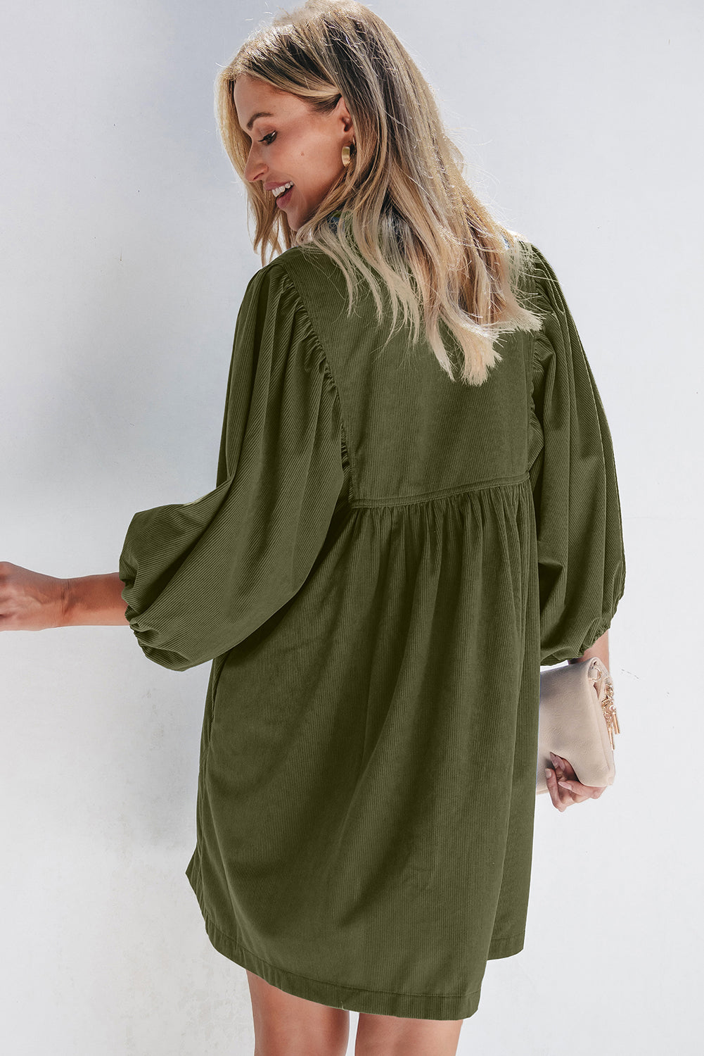 Gold Flame Corduroy Snap Buttons Empire Waist Bracelet Sleeve Dress