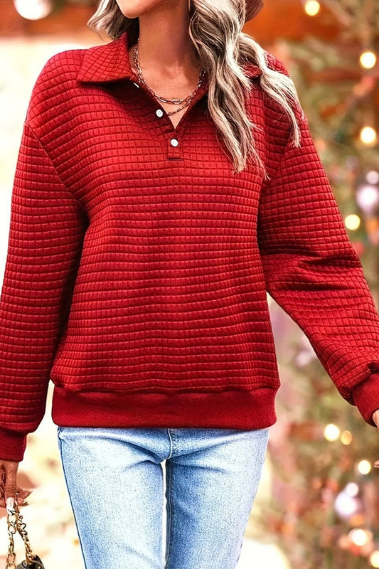 Waffle-Knit Collared Neck Long Sleeve Sweatshirt