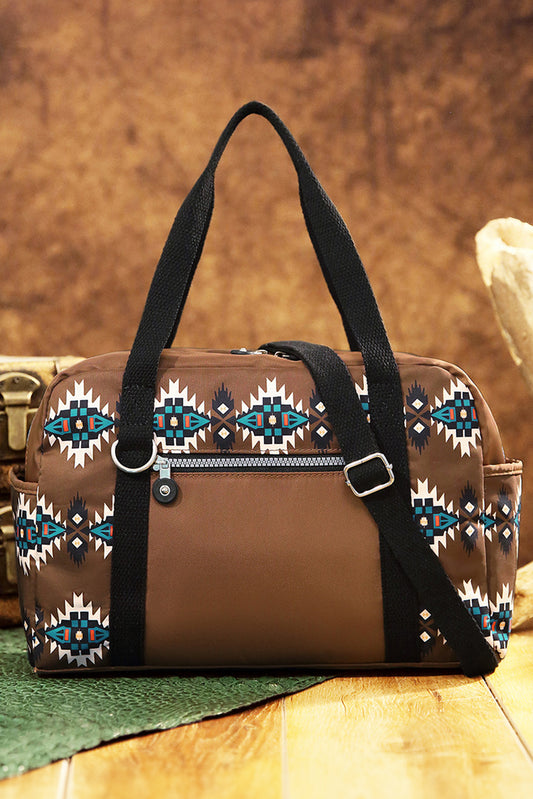 Coffee Aztec Print PU Leather Large Travel Duffel Bag