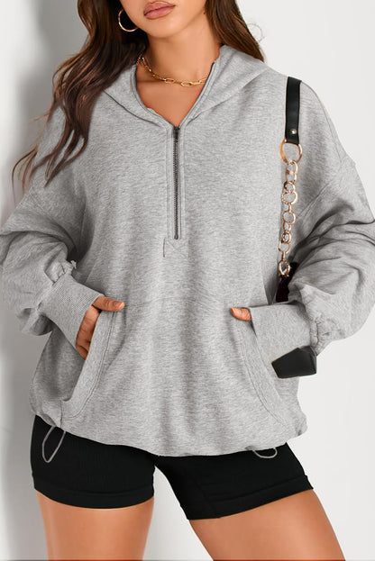 Bonbon Solid Kangaroo Pocket Half Zipper Oversized Hoodie
