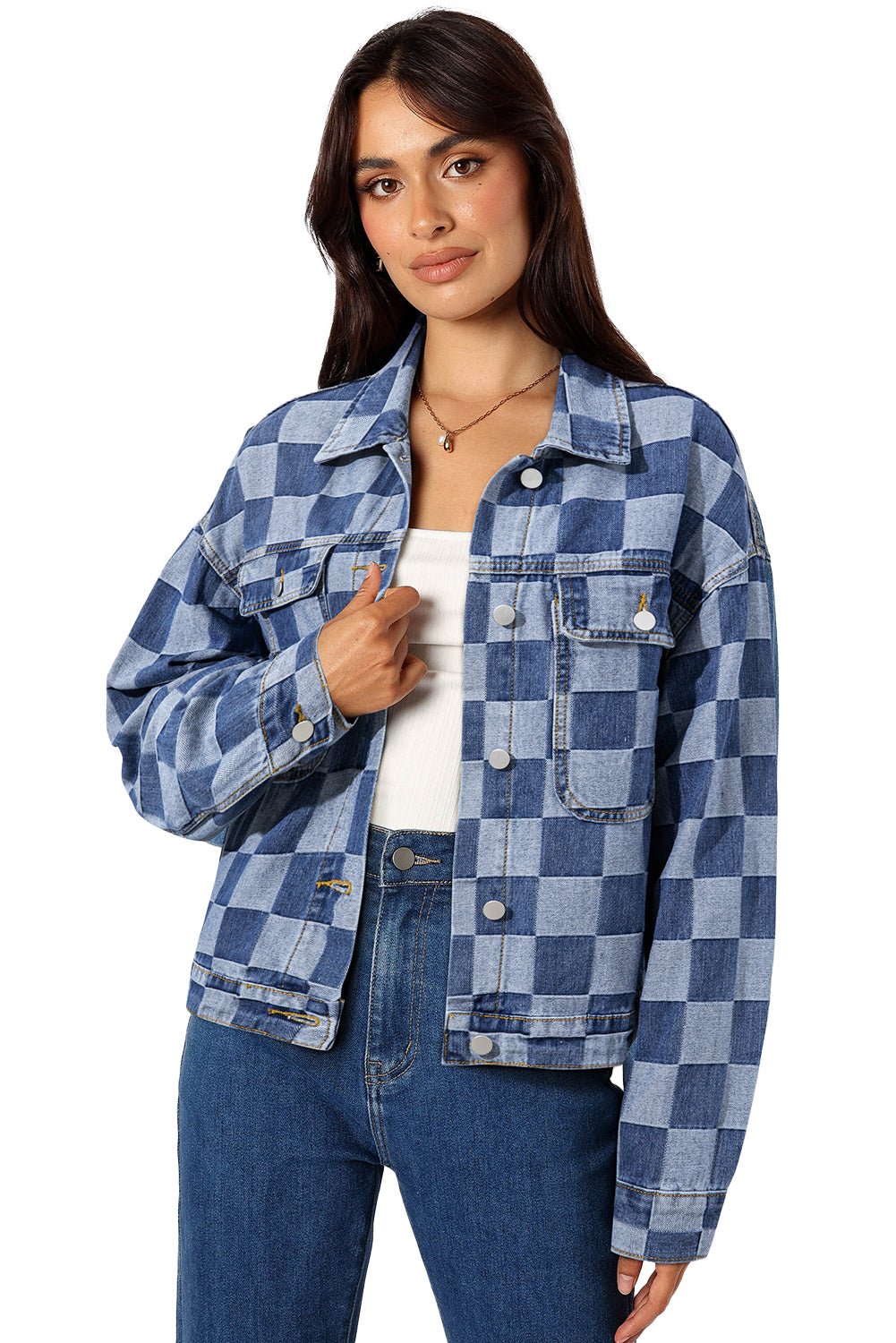 Black Checkered Patchwork Button Up Denim Jacket