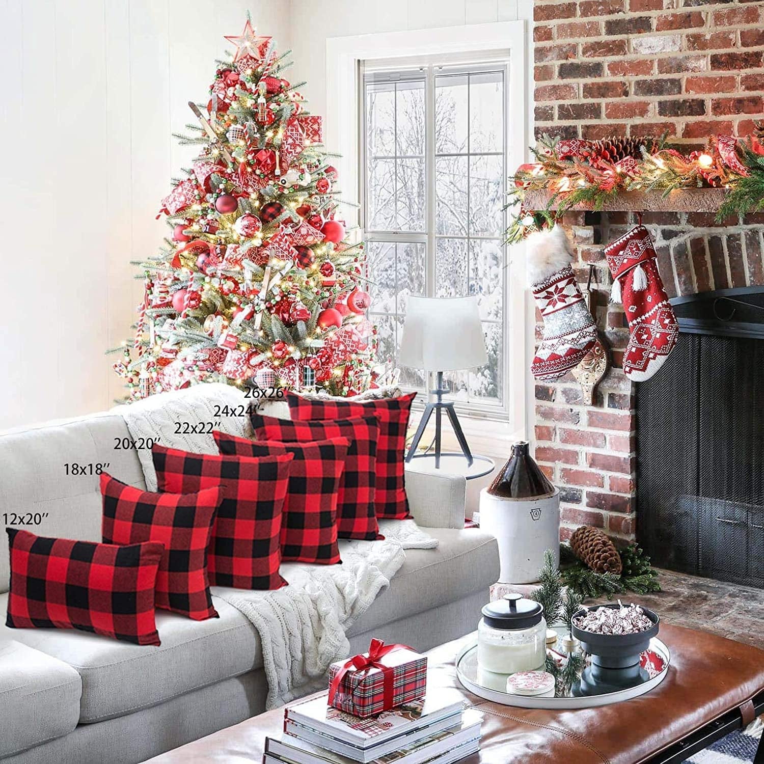 Set of 2 Christmas Buffalo Check Plaid Throw Pillow Covers Cushion Case Polyester for Farmhouse Home Decor Red and Black, 18 X 18 Inches