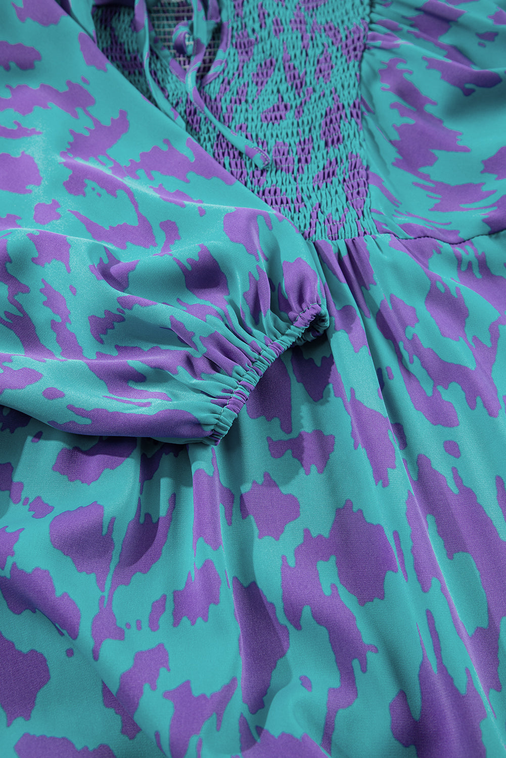 Abstract Print Puff Sleeve Tied Notched Neck Long Dress