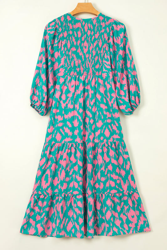 Abstract Print Puff Sleeve Tied Notched Neck Long Dress