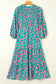 Abstract Print Puff Sleeve Tied Notched Neck Long Dress