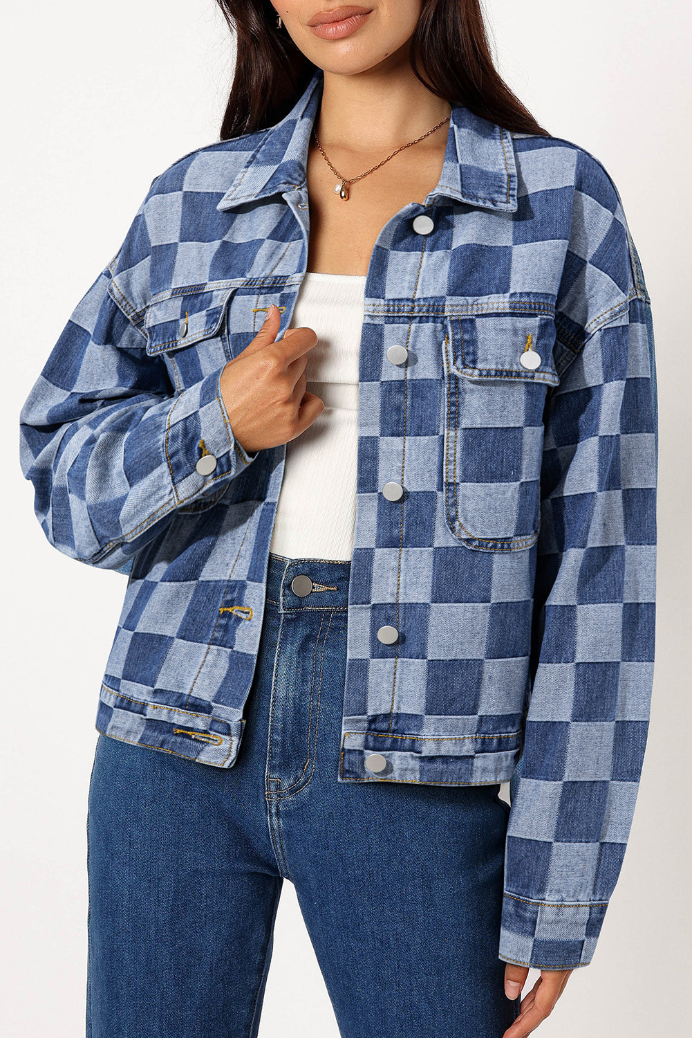 Black Checkered Patchwork Button Up Denim Jacket