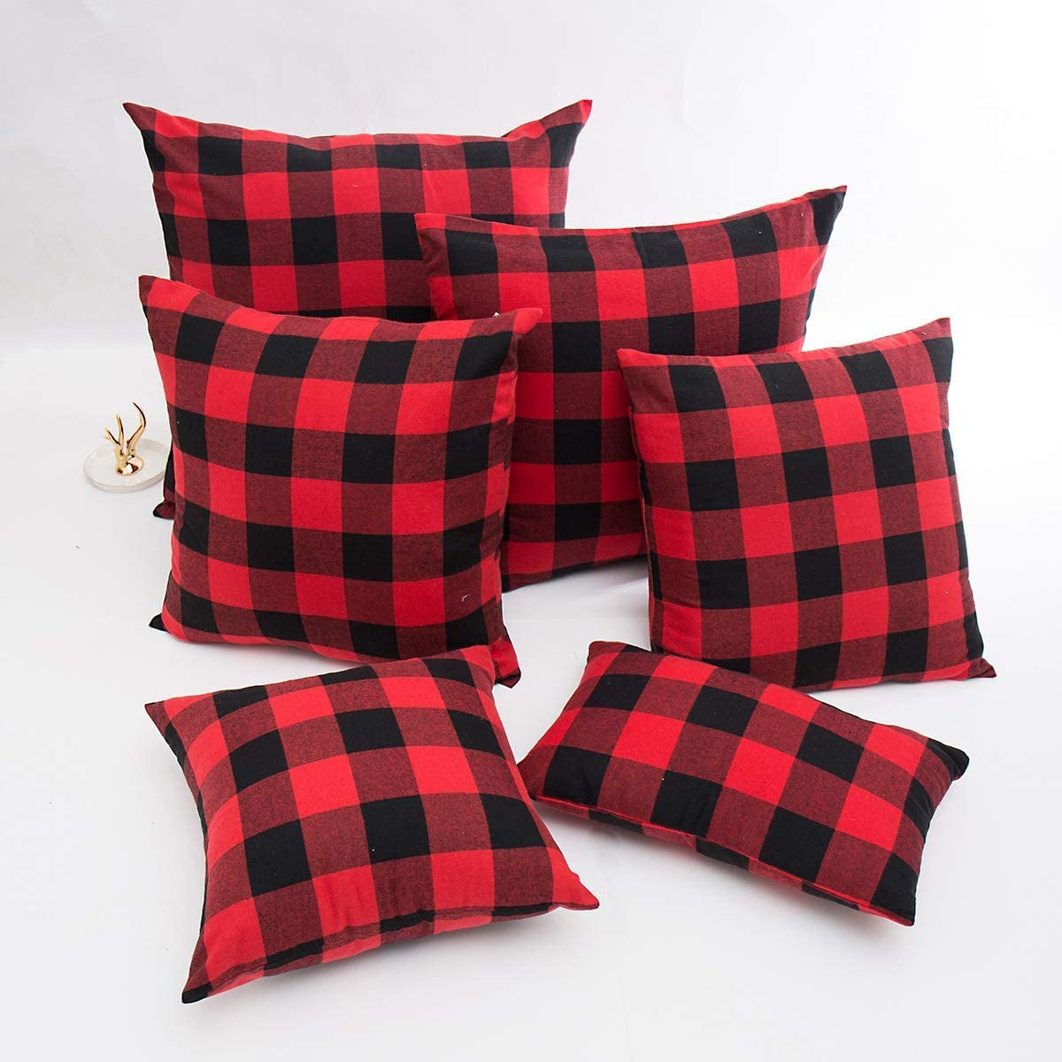 Set of 2 Christmas Buffalo Check Plaid Throw Pillow Covers Cushion Case Polyester for Farmhouse Home Decor Red and Black, 18 X 18 Inches