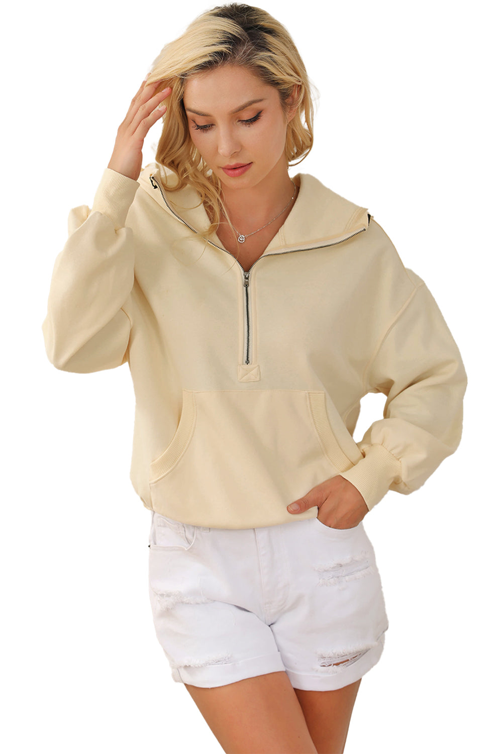 Yellow Ribbed Trim Kangaroo Pocket Zipped Hoodie