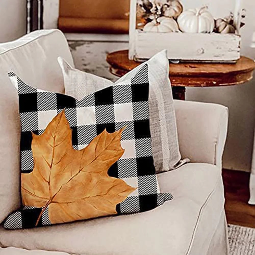 4 Pack Fall Pillow Covers, Buffalo Plaid Linen Pillowcases Maple Pumpkin Throw Cushion Cover for Home Decorations, 18X18 Inch