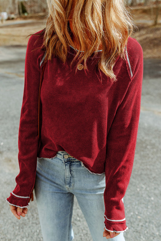 Brown Textured Crewneck Long Sleeve Top