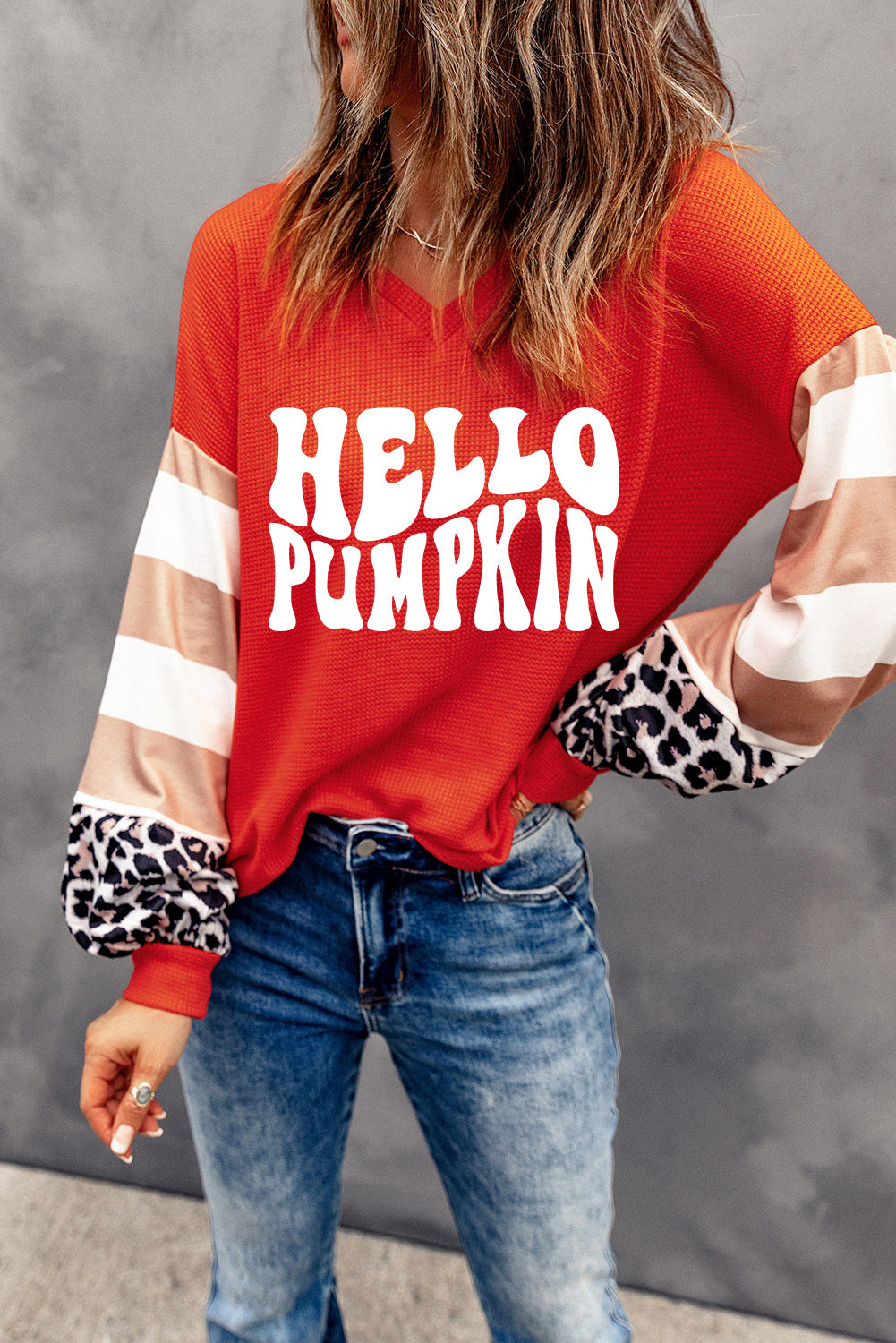Hello Pumpkin Graphic Leopard Striped Colorblock Sleeve V Neck Top
