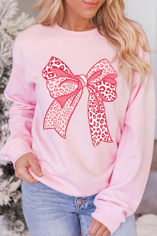 Pink Leopard Bowknot Graphic Round Neck Sweatshirt