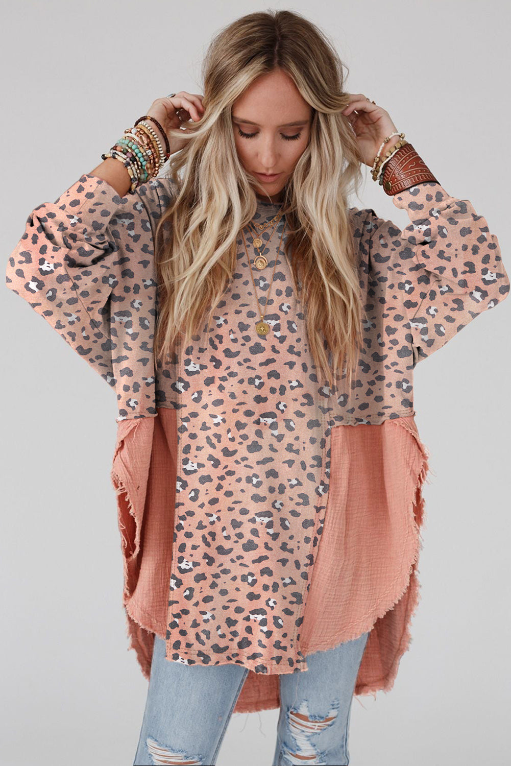 Brown Printed Raw Edge Leopard Patchwork Oversized Blouse