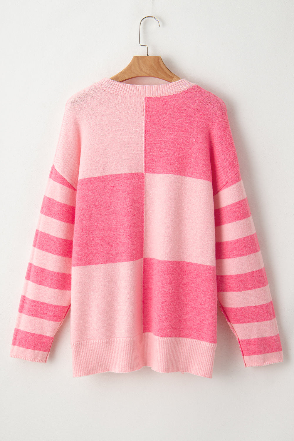 Checkered Colorblock Striped High Low Loose Sweater