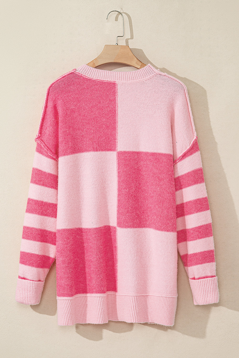 Checkered Colorblock Striped High Low Loose Sweater