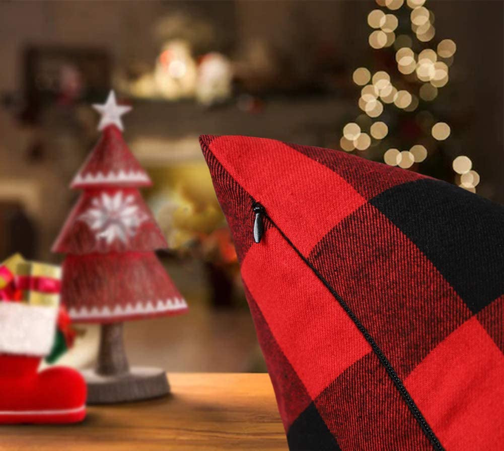 Set of 2 Christmas Buffalo Check Plaid Throw Pillow Covers Cushion Case Polyester for Farmhouse Home Decor Red and Black, 18 X 18 Inches