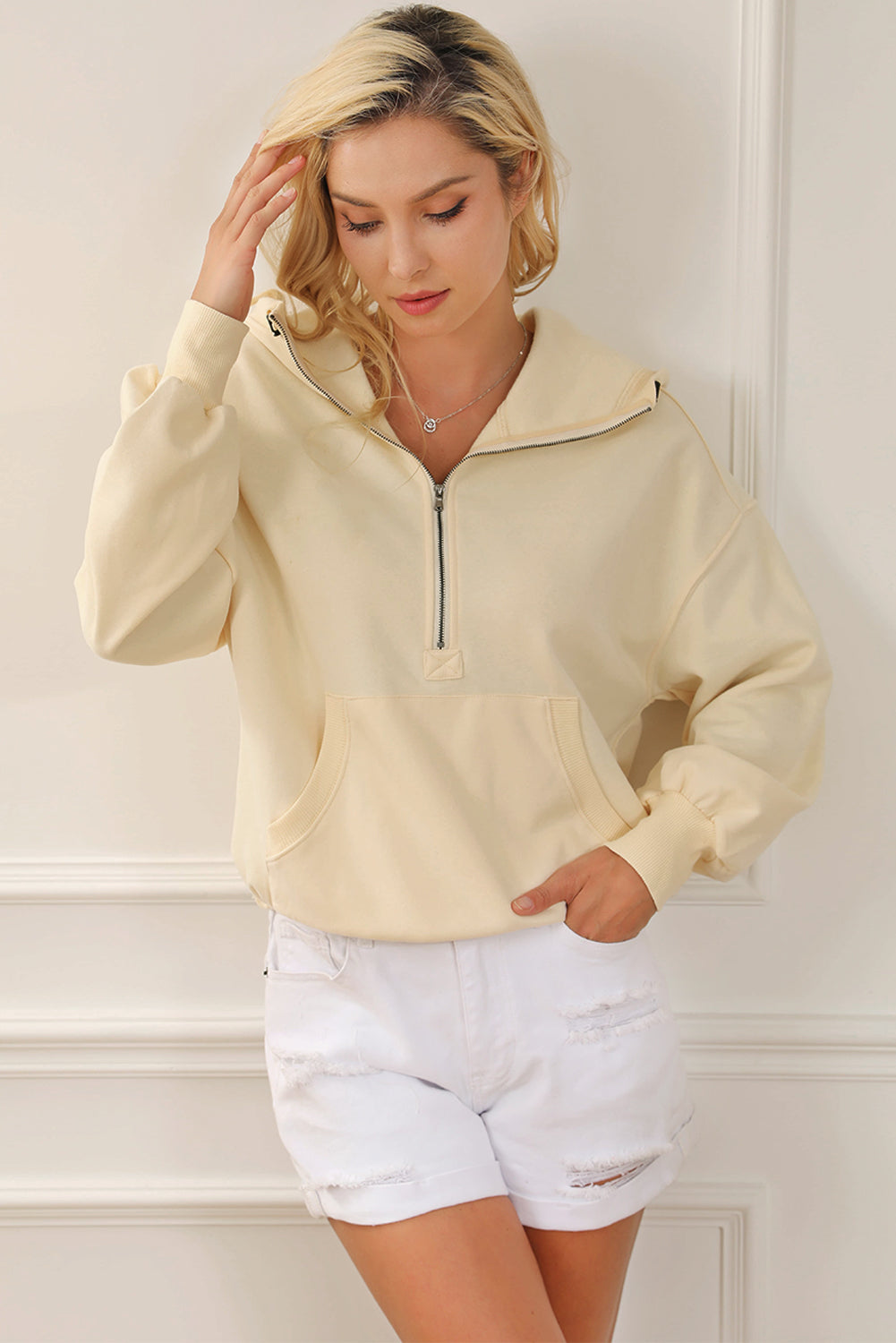 Yellow Ribbed Trim Kangaroo Pocket Zipped Hoodie