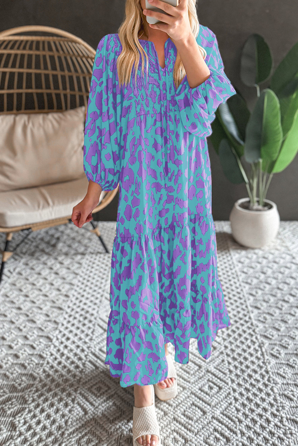 Abstract Print Puff Sleeve Tied Notched Neck Long Dress