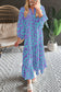 Abstract Print Puff Sleeve Tied Notched Neck Long Dress