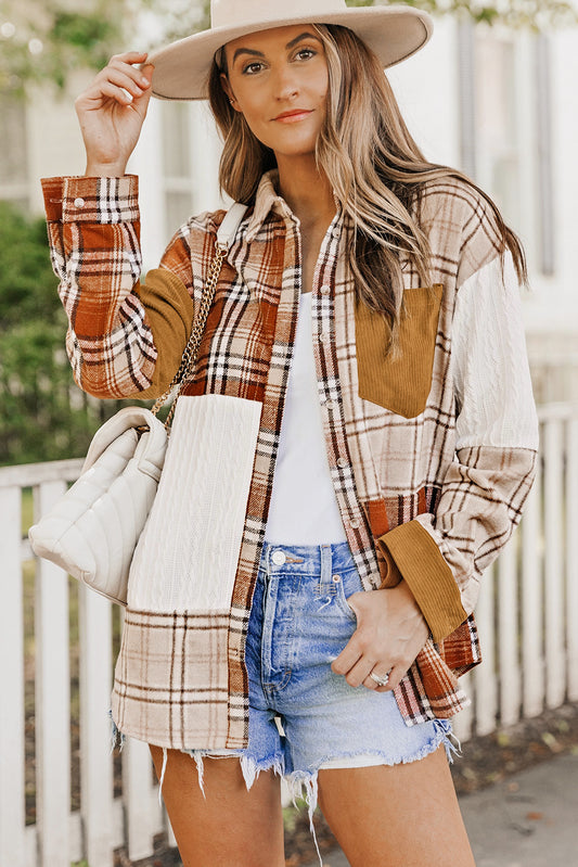 Plaid Color Block Patchwork Shirt Jacket with Pocket