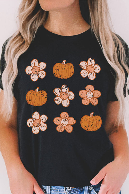 Black Pumpkin Flower Print Short Sleeve Graphic T Shirt