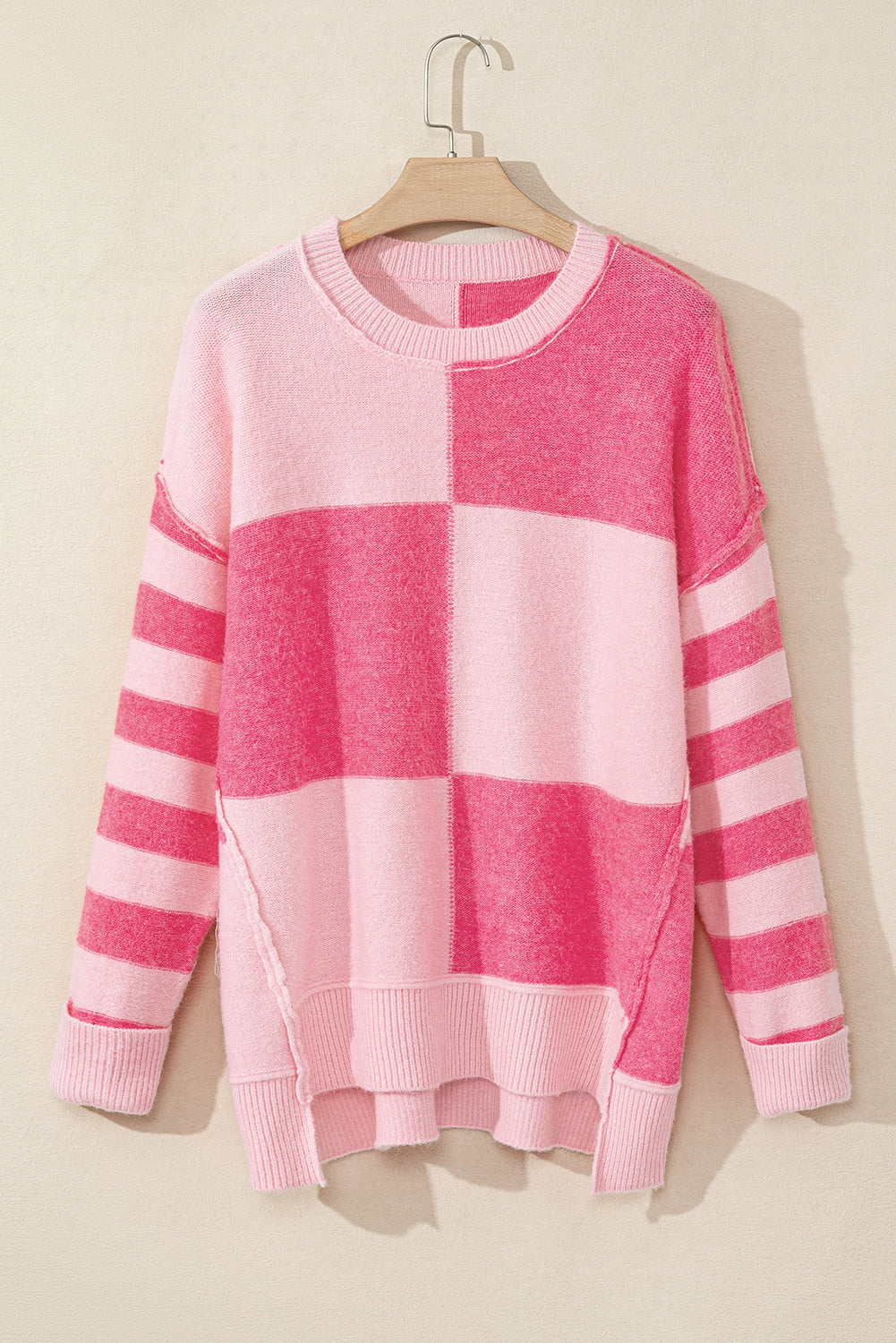 Checkered Colorblock Striped High Low Loose Sweater